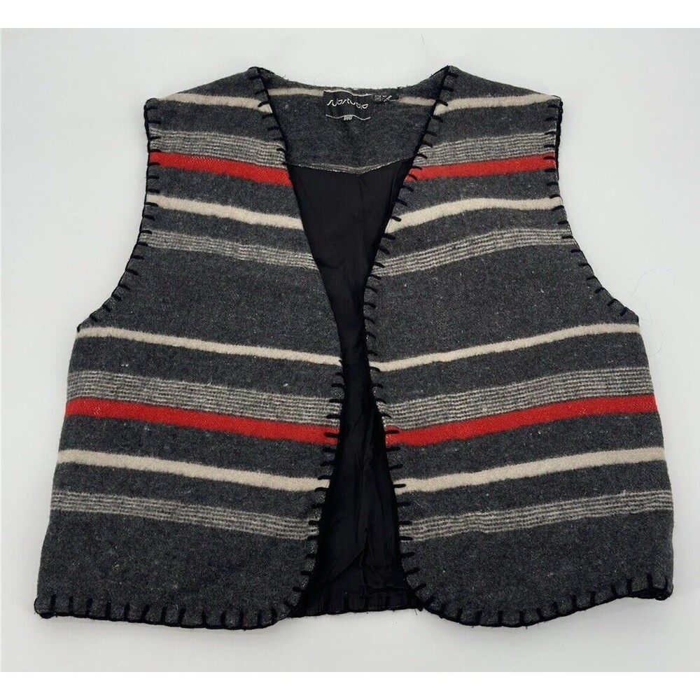 Studio wool Vest Sz M Wool Blend Southwestern Aztec Conchos Red Gray Black Ope